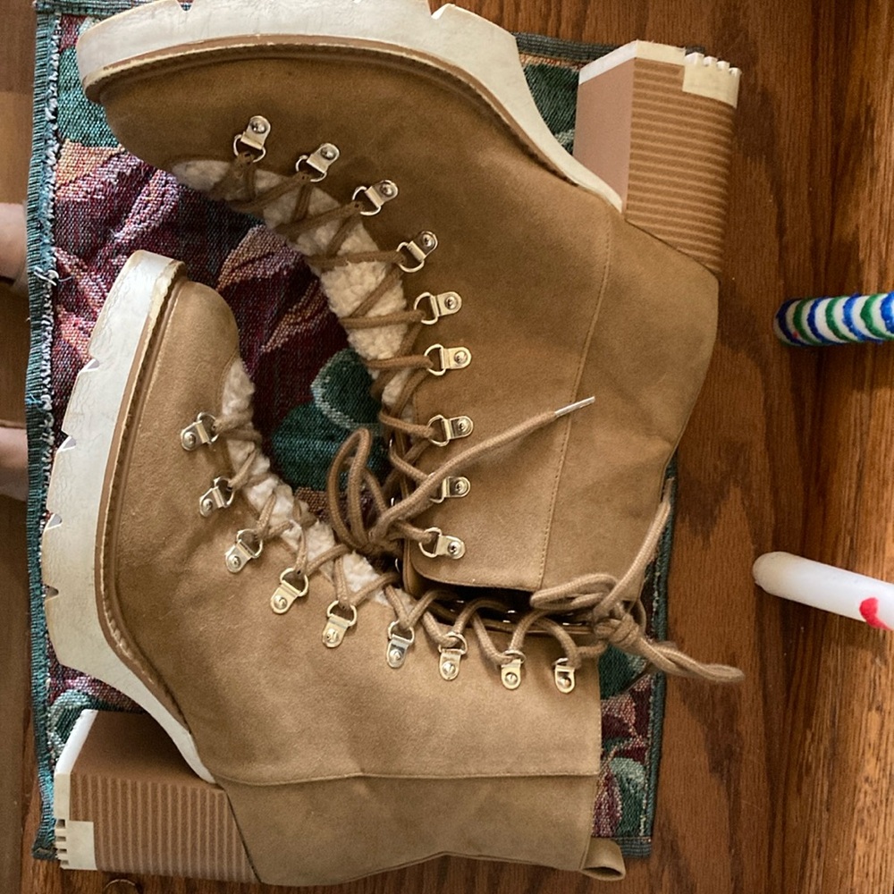 Tan fuzzy lace-up heeled boots - Picture 3 of 6